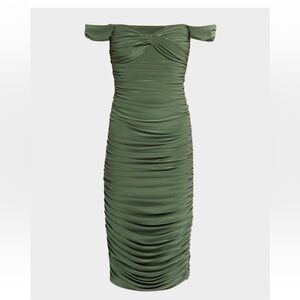 Norma Kamali Green Ruched Off-Shoulder Midi Dress